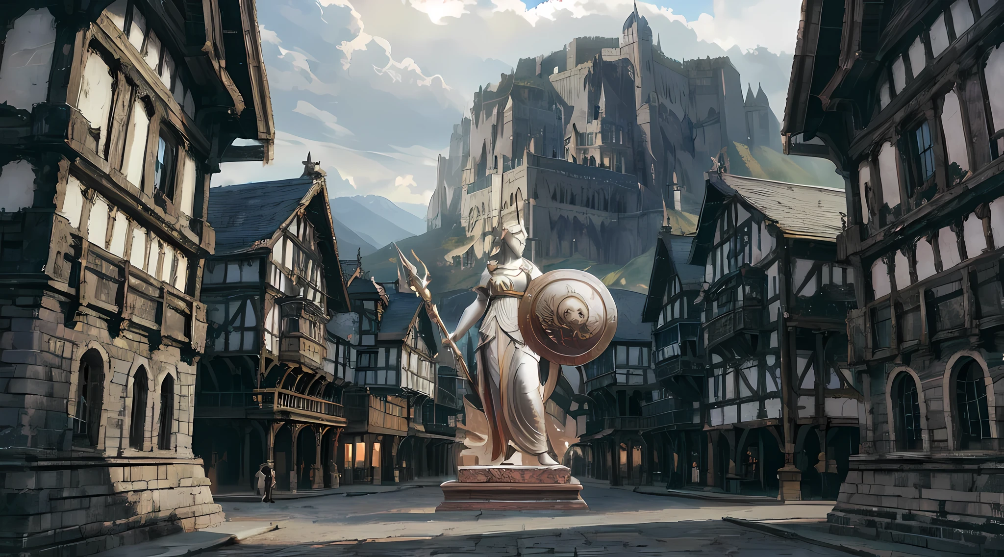 there is a statue of a woman holding a shield in a town, unreal engine fantasy art, epic fantasy card game art, epic fantasty card game art, by Franz Hegi, elegant cinematic fantasy art, hyperrealistic d & d fantasy art, medieval fantasy game art, medieval city background, anor londo, fantasy card game art, an epic fantasy