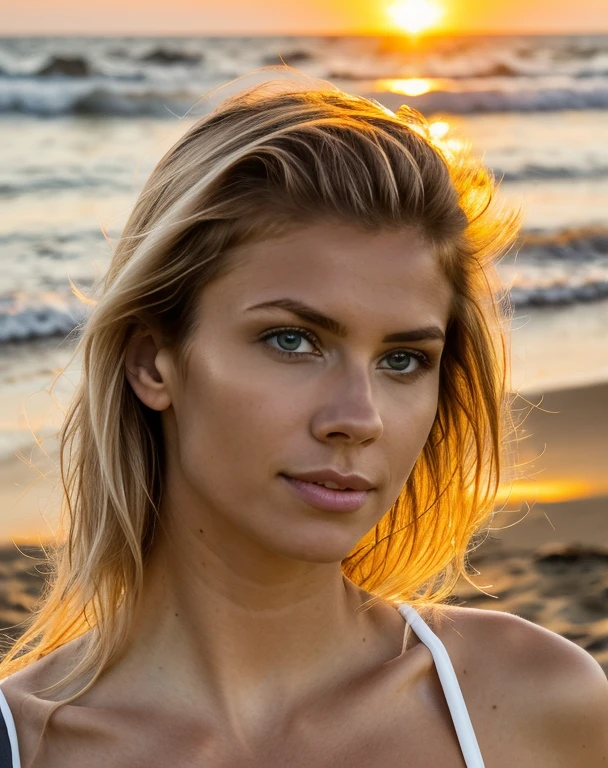 Fotoshooting eines Models, Natural light, Fachmann, (4k-Foto:1.1) (scharfer Fokus:1.3), hohe Detailgenauigkeit, beautiful detailed face, Haselnussbraune Augen, Langes blondes Haar, (attraktive junge frau:1.3), (seductive:1.1), (flush:1.1), Hourglass body shape, a girl, in schwarz, (bei Sonnenaufgang am Strand), realistic hands