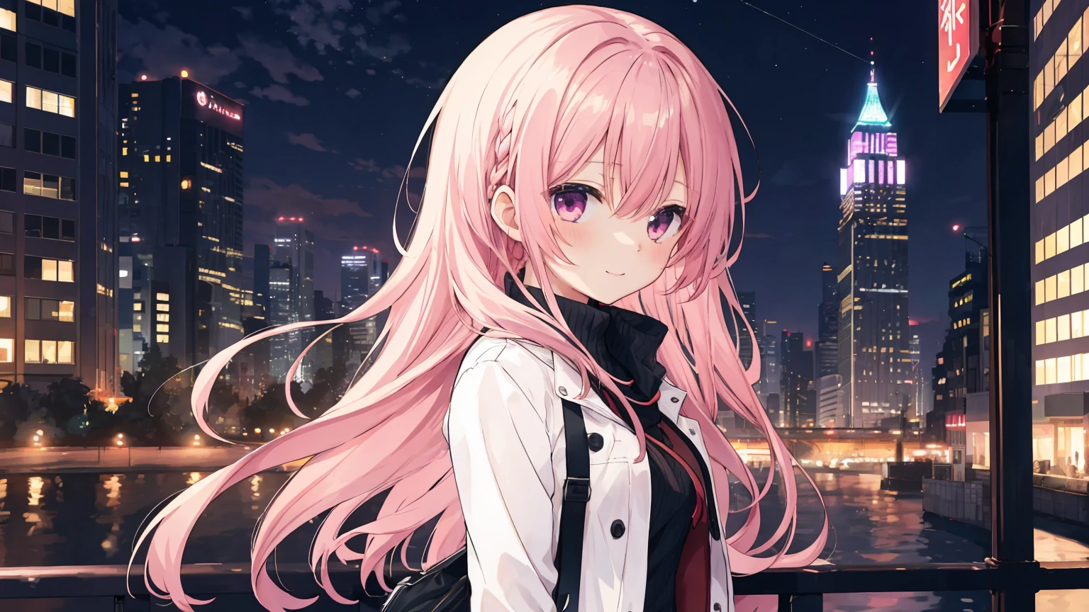 a girl,solo,The city at night,is shy,Be red in the face,civvies,170cm height,45CM bust,gentleness,ssmile,In the bedroom,night city background,Mitsukasa Ayase,pink hair,long hair,No hair accessories,7 positions