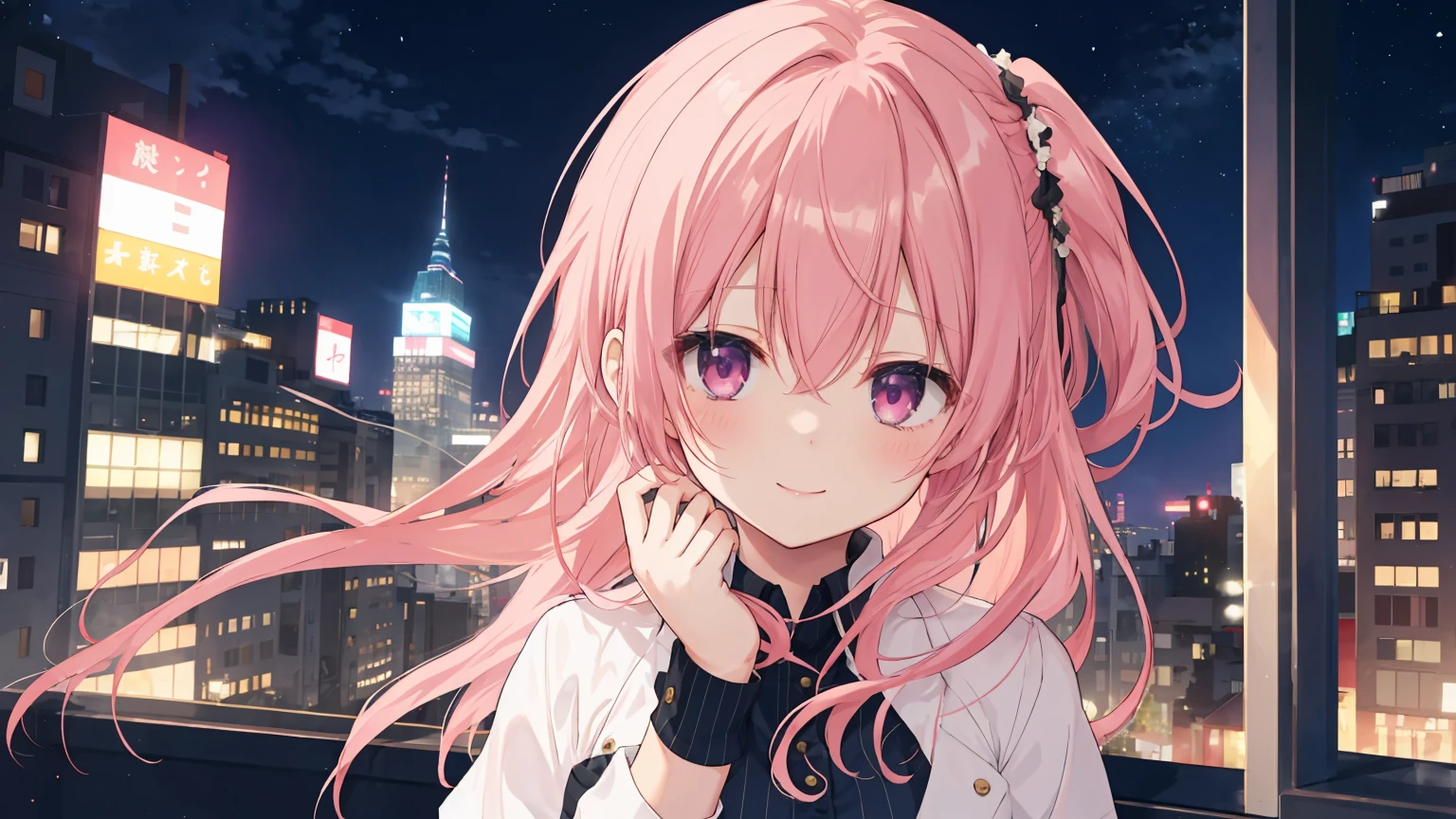 a girl，solo,The city at night，is shy，Be red in the face，civvies，170cm height，45CM bust，gentleness，ssmile，In the bedroom，night city background，Mitsukasa Ayase，pink hair，long hair，No hair accessories，7 positions
