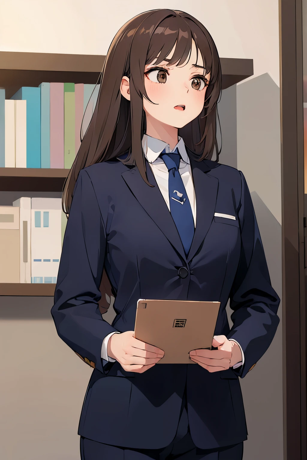 (looking away:1.5), masterpiece、top-quality、 forehead, A 25-year-old woman with medium long hair and brown eyes with bright chestnut bangs.、wearing a gray suit、wearing gray pants、Wearing a blue tie、Serious look、open mouth, is standing、The background is office、Bold composition、Upper body is shown、Alone、Close-up of your face