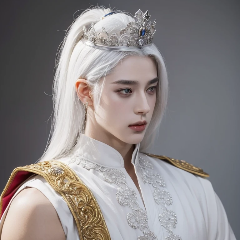A domineering young emperor with white hair wearing a majestic crown, has a lean but very muscular  and big figure but has a face as pretty as a girl