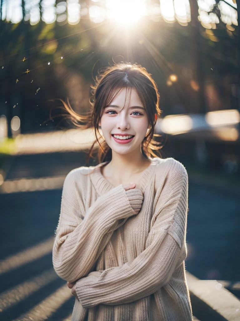 girl with, cosy sweater on, whole body, (laught:1.1), (Open mouth:1.1), (Wide open eyes:1.2), Sun glare, It&#39;s blurry, Depth of the bounds written, blurred background, light Particle, strong wind, (Heart particles:1.1)