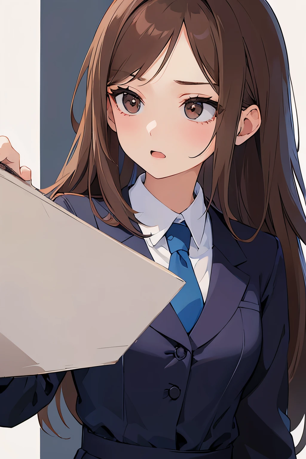 (looking away:1.5), ​masterpiece、top-quality、 forehead, A 25-year-old woman with medium long hair and brown eyes with bright chestnut bangs.、wearing a gray suit、wearing gray pants、Wearing a blue tie、Serious look、open mouth, is standing、The background is office、Bold composition、Upper body is shown、Alone、Close-up of your face

