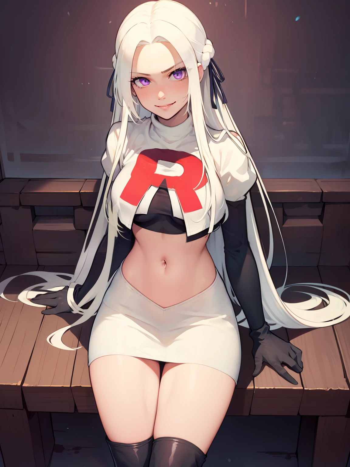 edelgard_academy, hair ribbon, long hair, white hair, purple eyes, glossy lips ,team rocket uniform, red letter R, white skirt,white crop top,black thigh-high boots, black elbow gloves, evil smile, looking at viewer, cowboy shot, sitting down legs crossed