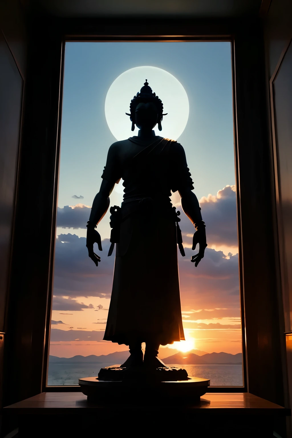 sunrise，cloud，BUDDHA STATUE， silhouette art。artistic creativity1.37。