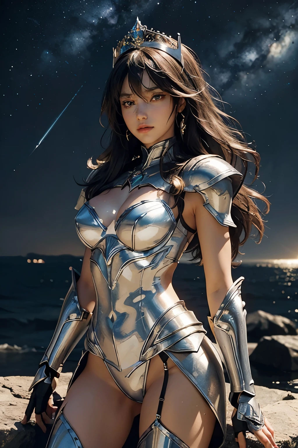 fully body photo，（best qualtiy）， （1girll）， starryskybackground, crown, Wearing shiny gold armor， Sexy lingerie type armor，Expose your chest，Expose the waistline，Exposing thighs，cool-pose， Saint Seiya Armor， messy hair，high detal, Cinematic lighting, Sparkle, god light, Ray traching, filmgrain, hyper HD, textureskin, super detailing, Anatomical correct, A high resolution，Ultra-high saturation，hight contrast，High-gloss armor，，Serious expressions
