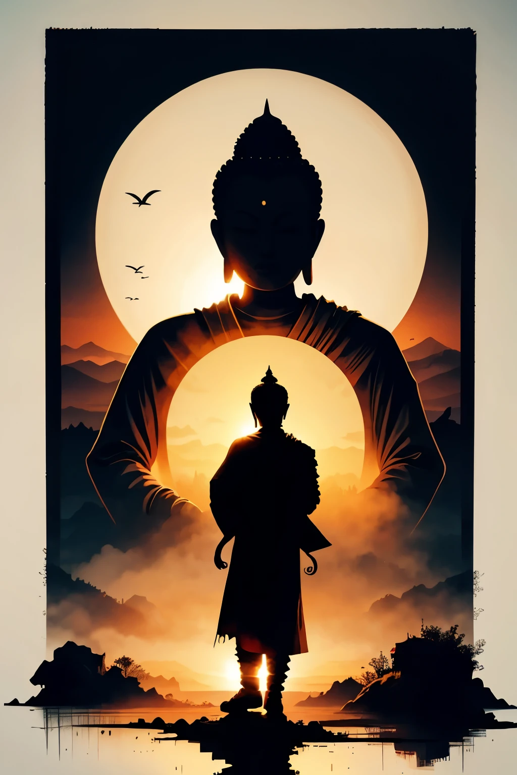 sunrise，Buddha silhouette， silhouette art。artistic creativity1.37。