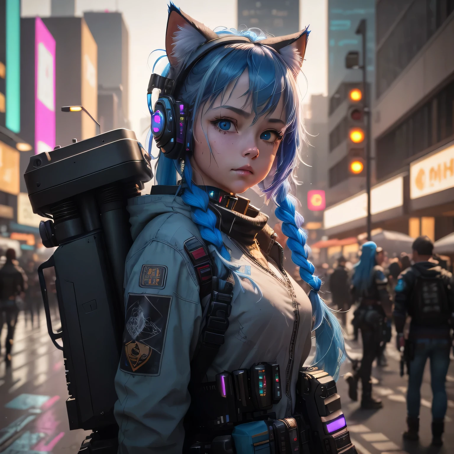 (8k, HDR, RAW photo, best quality, masterpiece:1.2, realistic lighting), cowboy shot, a girl, child, solo, holding a gun, long hair, blue hair, path traced hair, (blue cat ears), blue eyes, nice hands, babyface, beauty eyes, (cyberpunk:1.3), blue mecha armor, mechanical shoulder, neon light, edge lights, look up, upper body.