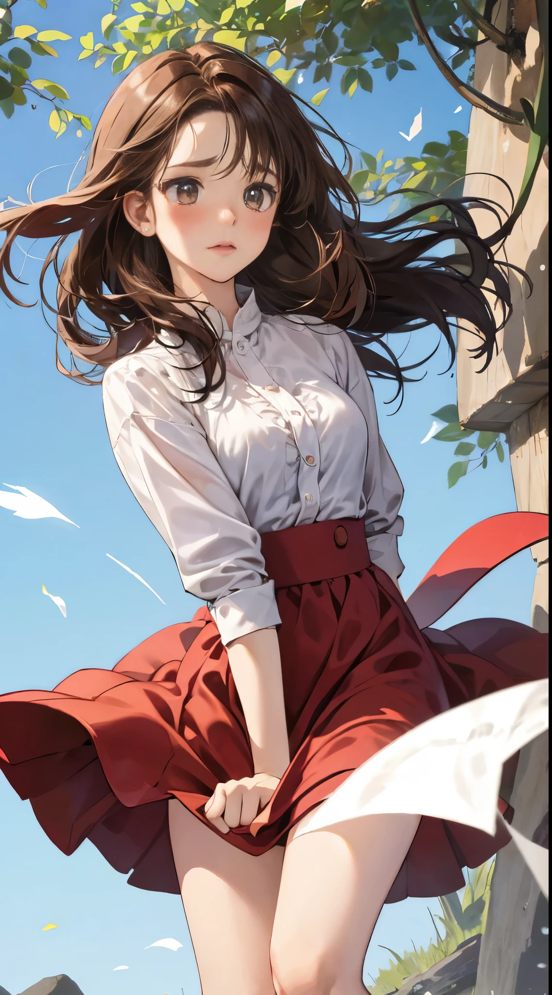 1 female,Brown hair,Red ribbons ,((Impatient expression)),beautiful breasts,white shirt,Red dress,well-styled,,(Facing the front)(((Blushing cheeks、embarassed expression)),(((The skirt is rolled up by the wind)))