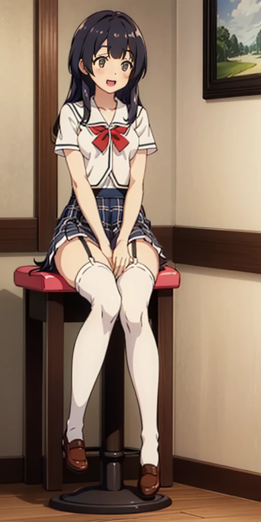 （Brunette， ，8k，Perfect body，Ultra Clear，Highest quality, masterpiece:1.4),(Anime Style:1.37) , photograph, Detailed Background, 1 Girl, (((white lace panties))), boots, Cowboy Shooting, Watching the crowd, A faint smile, Tinnitus, skirt, choker, Best, Sitting, Crossing your legs, From below, On the sofa, window, living room,