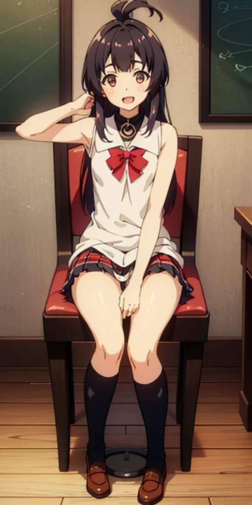 1girl, sitting on the Exercise ball , arms raised in the air , front view, cute, black hair, shoulder length hair, shiny hair, black eyes, smile,open mouth,blush, small breasts , school uniform, breazer , (Plaid skirt), (panty shot), (white pantiearefoot, background room,(((masterpiece))), (((best quality))), ((ultra-detailed)), (illustration), ((an extremely delicate and beautiful))