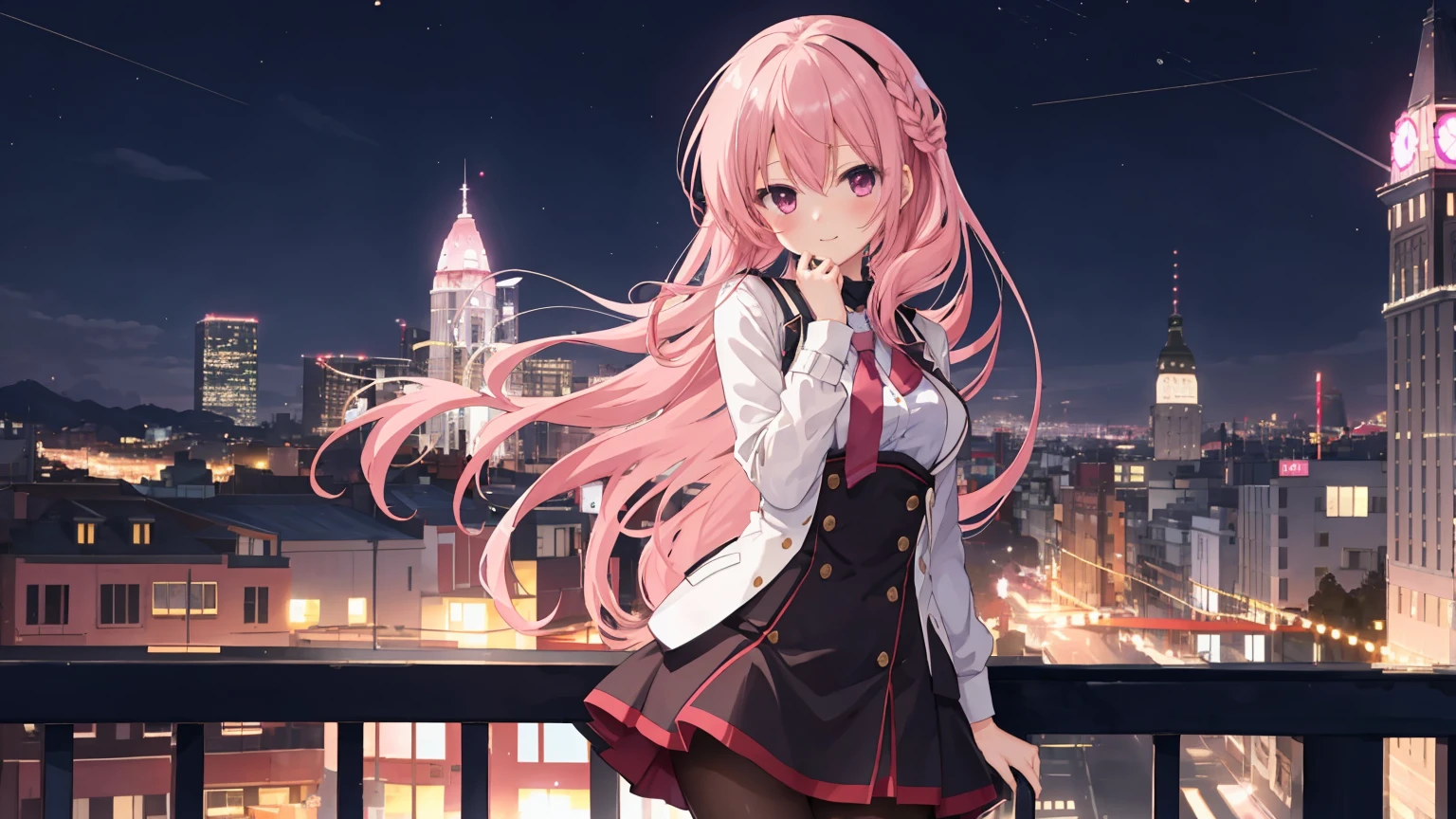 a girl,solo,The city at night,is shy,Be red in the face,civvielack pantyhoses,170cm height,45CM bust,gentleness,ssmile,In the bedroom,night city background,Mitsukasa Ayase,pink hair,long hair,No hair accessories,7 positions