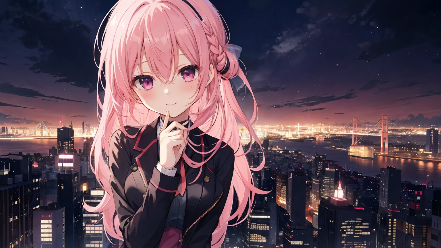 a girl,solo,The city at night,is shy,Be red in the face,civvielack pantyhoses,170cm height,45CM bust,gentleness,ssmile,In the bedroom,night city background,Mitsukasa Ayase,pink hair,long hair,No hair accessories,7 positions