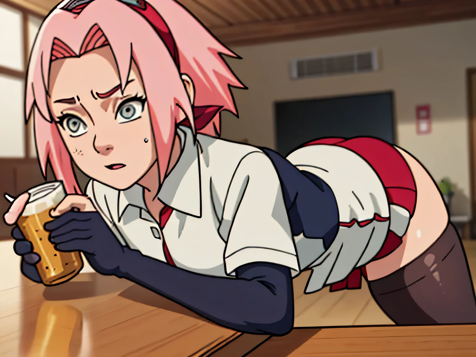 score_9, score_8_up, score_7_up, score_6_up, score_5_up, score_4_up, BREAK, source_anime,
1girl, haruno sakura, pink hair, short hair, green eyes, sleeveless, red shirt, forehead protector, beautiful legs, black gloves,
pussy, bottomless, full body, looking at viewer, solo,  konohagakure hidden village background, bed, squatting, dripping cum, angry face, anger vein, one arm raised