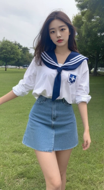 A female student wearing a short skirt and a sailor suit with her skirt rolled up and disheveled., , surreal high school girl, in a white shirt, Hot with shining sun, A woman with the same face as last time,4K、1Man Woman、slender、 Loose wavy styling 、,Open legs、 surreal high school girl, Be braless、The chest is open、Nipples are erect、、captivating and enticing、full body shot、Including face and skin texture.,Detailed eyes、a seductive look