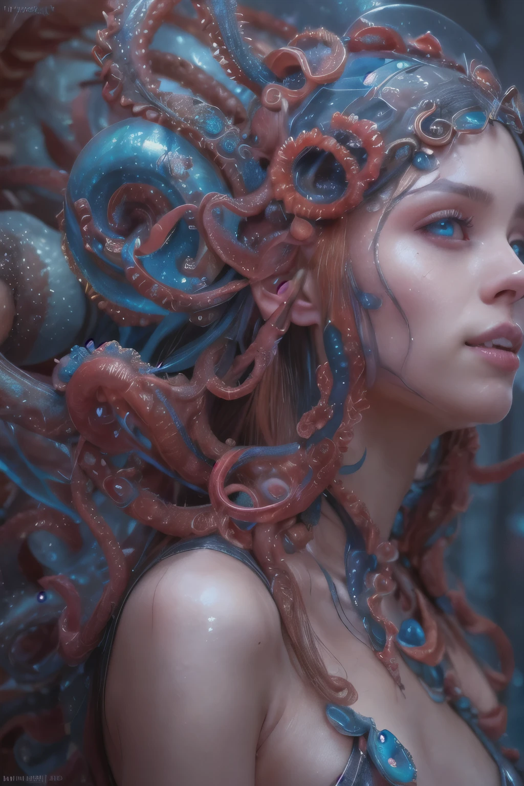 Portrait, (beautiful female alien:1.2), (she has red eyes with no pupils:1.8), (Translucent skin:1.7), (There is a female genital-like organ in the middle of the forehead.:1.9), (The most beautiful face in the history of the universe:1.2),an evil gaze that seduces, (large mouth:1.1), (sharp teeth like a vampire:1.2), full body portrait, (bio luminescent:1.5), (Smile wickedly:1.3), (ypose:1.5), alien, No humans, cells are fused, (Lots of translucent tentacles:1.3) extraterrestrial, cell, bio image, best quality, 8K,In 4K_quality, High Definition, Dramatic Lighting, masutepiece:1.5,cinematic quality, detail up, (elaborate details:1.2), high resolution, High Definition, drawing faithfully, (Thick eyebrows:1.2), Beautiful eyes with fine symmetry,(Highly detailed face and eyes:1.2), Intimate face, (Super detailed skin quality feeling:1.4), perfect anatomy, (Beautiful toned body:1.5), (Moist skin:1.2), No makeup, (dark circles:1.1), long canines, cinematic drawing of characters, ultra high quality model, cinematic quality, detail up, (elaborate details:1.2), high resolution, High Definition, drawing faithfully, official art, Unity 8K Wall , 8K Portrait, best quality, Very high resolution, ultra detailed artistic photography, midnight aura, unreal enginee 5, Ultra Sharp Focus, art by alberto seveso, ArtGerm, Roisch, intricate artwork, best quality, masutepiece, ultra high resolution, (photos realistic:1.4), ultra realistic realism, dream-like, nautilus, Creation of fantasy, Snail, Dream Snail, biopunk nautilus, Thrilling color schemes, ultra realistic realism, seductively smiling, Blue tentacles,