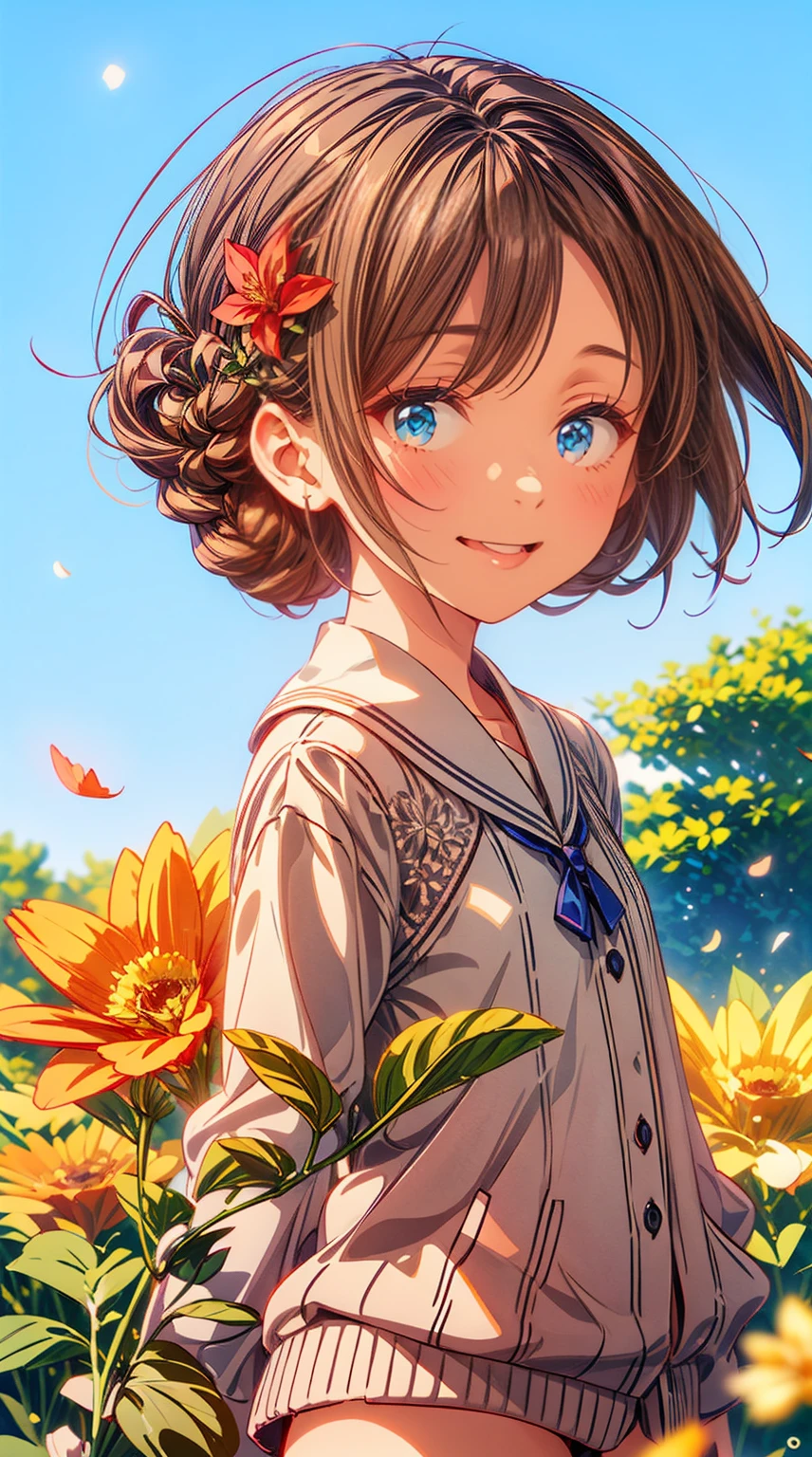 (Masterpiece, highest quality: 1.6), brown hair, Sleek chignon hairstyle, white lace dress, cardigan, ruby eyes, cowboy shot, thighs, beautiful girl, smile, (flower, many small petals: 1.3), Flower Garden, Blue Sky, Staring at the Viewer, Incredibly Absurd, Face Light, Dynamic Lighting, Cinematic Lighting, Ultra Realistic, Photography, Sharp Focus, Most Detailed, Highly Detailed Eyes and Face