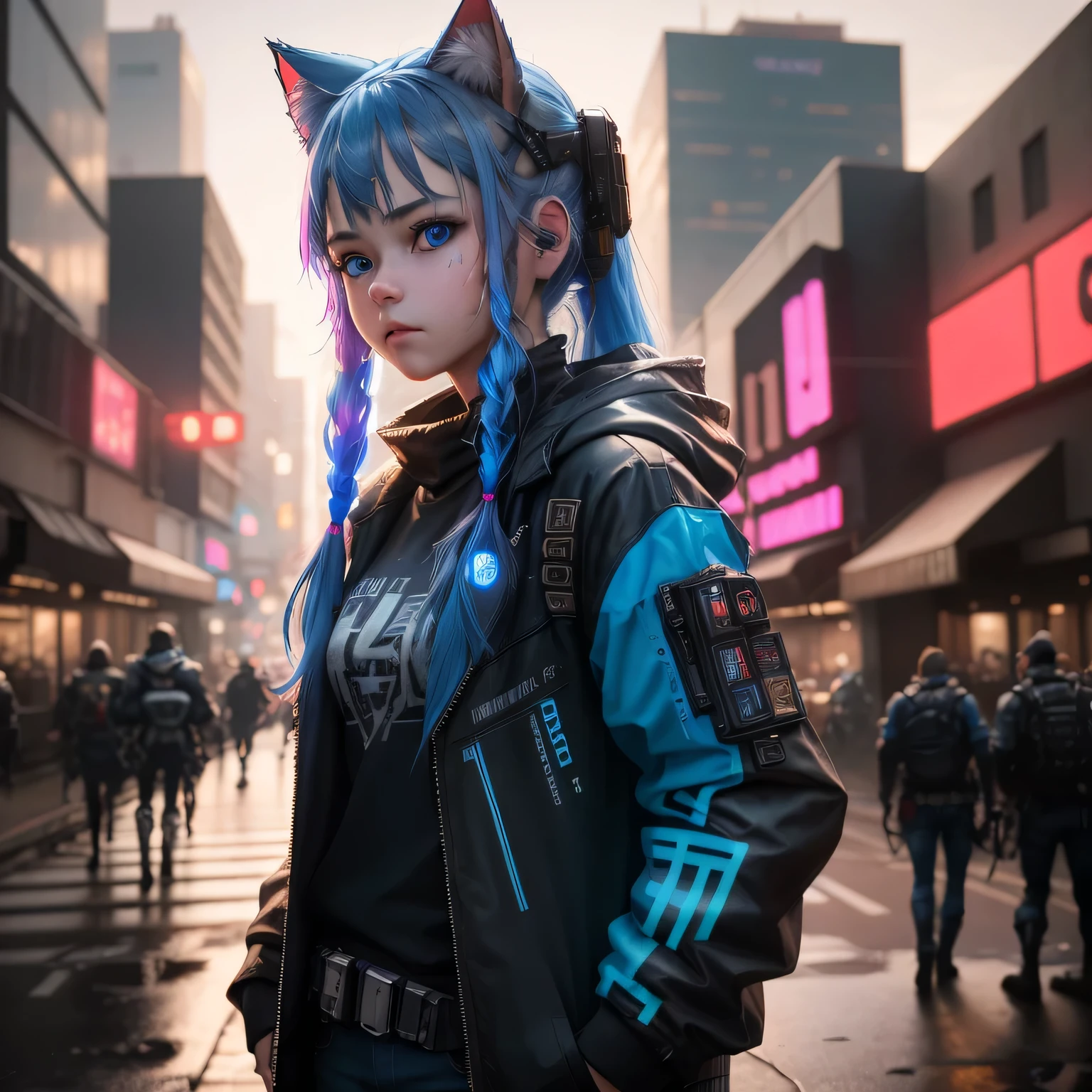 (8k, HDR, RAW photo, best quality, masterpiece:1.2, realistic lighting), cowboy shot, a girl, solo, holding a gun, long hair, blue hair, path traced hair, (blue cat ears), blue eyes, nice hands, babyfaceauty eyes, (cyberpunk:1.3), mechanical shoulder, neon light, edge lights, look up, upper body.