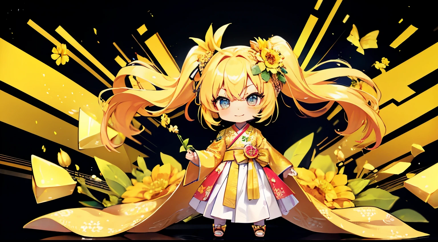(chibi), happy, (holding a yellow flower), bright yellow hair, long hair, Two-pronged, whole body, korean hanbok, minecraft