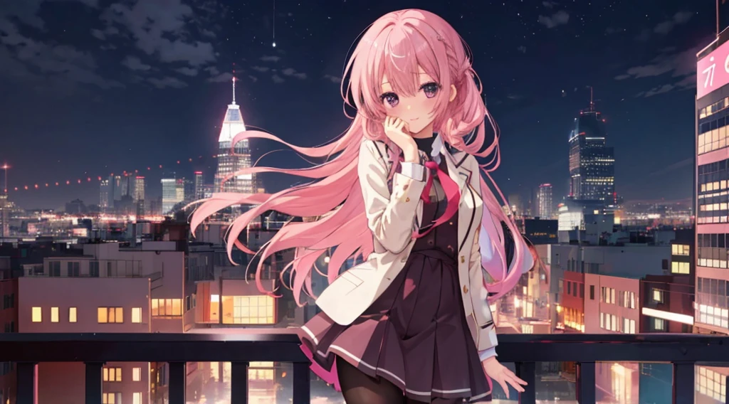 a girl,solo,The city at night,is shy,Be red in the face,civvielack pantyhoses,170cm height,45CM bust,gentleness,ssmile,In the bedroom,night city background,Mitsukasa Ayase,pink hair,long hair,No hair accessories,7 positions