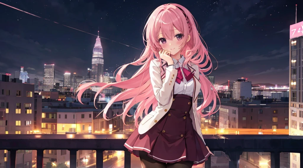 a girl,solo,The city at night,is shy,Be red in the face,civvielack pantyhoses,170cm height,45CM bust,gentleness,ssmile,In the bedroom,night city background,Mitsukasa Ayase,pink hair,long hair,No hair accessories,7 positions