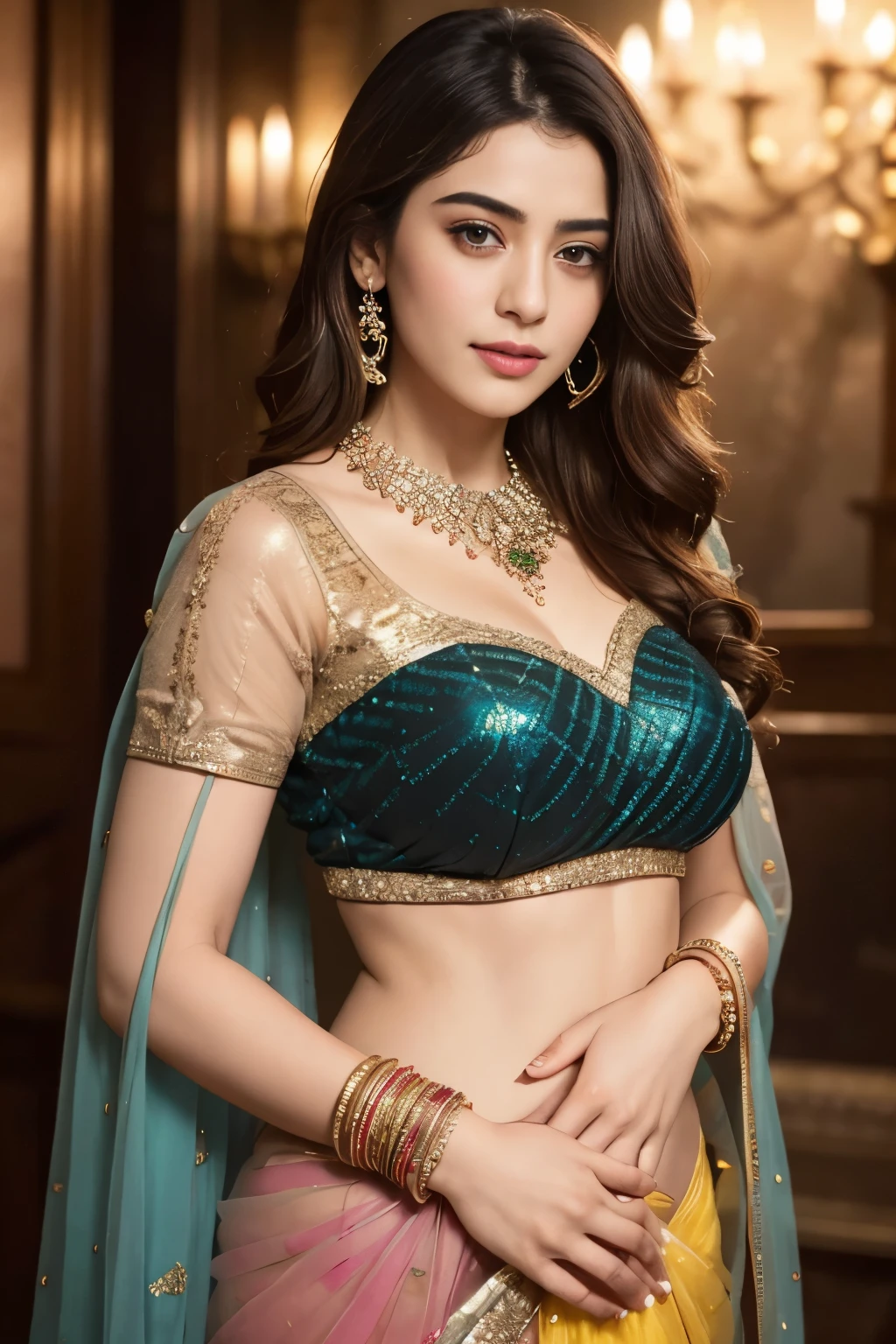 Hiba Nawab in 25 year old, perfect age, ultra realistic face,  indian woman tette grandi capezzoli ritto viso sorridente, standing, seductive, remove blouse pose black hair, thin eyebrows, fair skin, blushing cheeks, perfect body, medium breasts, teal , yellow,pink colour saree, cleavage, castle hallway, eye contact, seductive smile, realistic style, 8k,exposure blend, medium shot, bokeh, (hdr:1.4), (cinematic), ( dark tones:1.3), (hyperdetailed:1.2),Realism,1 girl,girl wearing indian saree(dressed in transparent saree)(wearing glitter graphics jewelry), medium boobs, Sexy medium Breast, nipple, bright light, long_hair, Bokeh ,nsfw , indian , tree branch, colourfull,  princess dress, lehenga choli