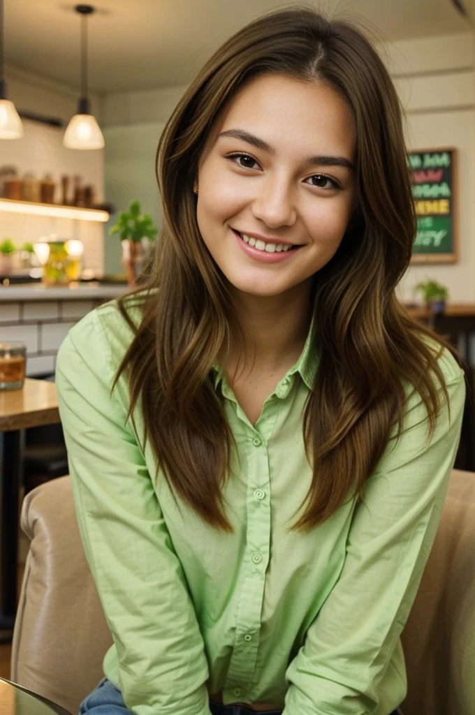 image of a stunning 20-year-old girl with perfect facial features and Instagram-worthy poses. She has brunette hair, symmetrical facial features, and a radiant complexion. She's dressed in a stylish plaid shirt, slightly undone for a casual look. She is captured in various settings: a cozy café, a bustling urban street, and a green park. Her expressions are cheerful and confident, featuring captivating smiles and thoughtful gazes. The aim is to capture her dynamic, fashionable lifestyle, highlighting her natural beauty and charm
