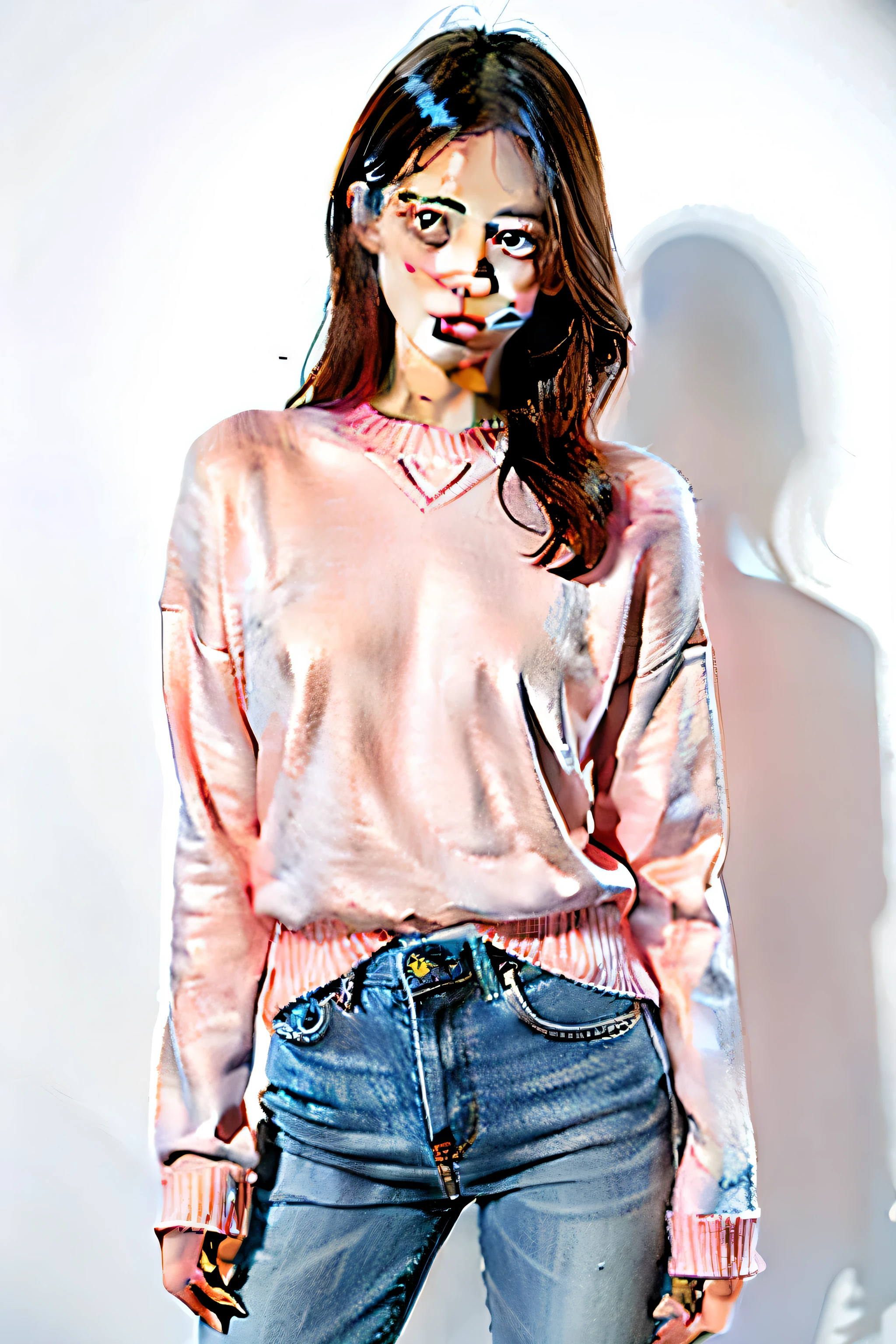 1 girl,Denim with pink sweater,white backgrounid,