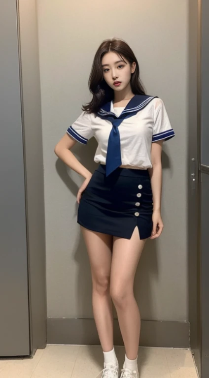 A female student wearing a short skirt and a sailor suit with her skirt rolled up and disheveled., , surreal high school girl, in a white shirt, Hot with shining sun, A woman with the same face as last time,4K、1Man Woman、slender、 Loose wavy styling 、,Open legs、sitting on、 surreal high school girl, Nothing is worn inside、The chest is open、Nipples are erect、、captivating and enticing、full body shot、Including face and skin texture.,Detailed eyes、a seductive look
