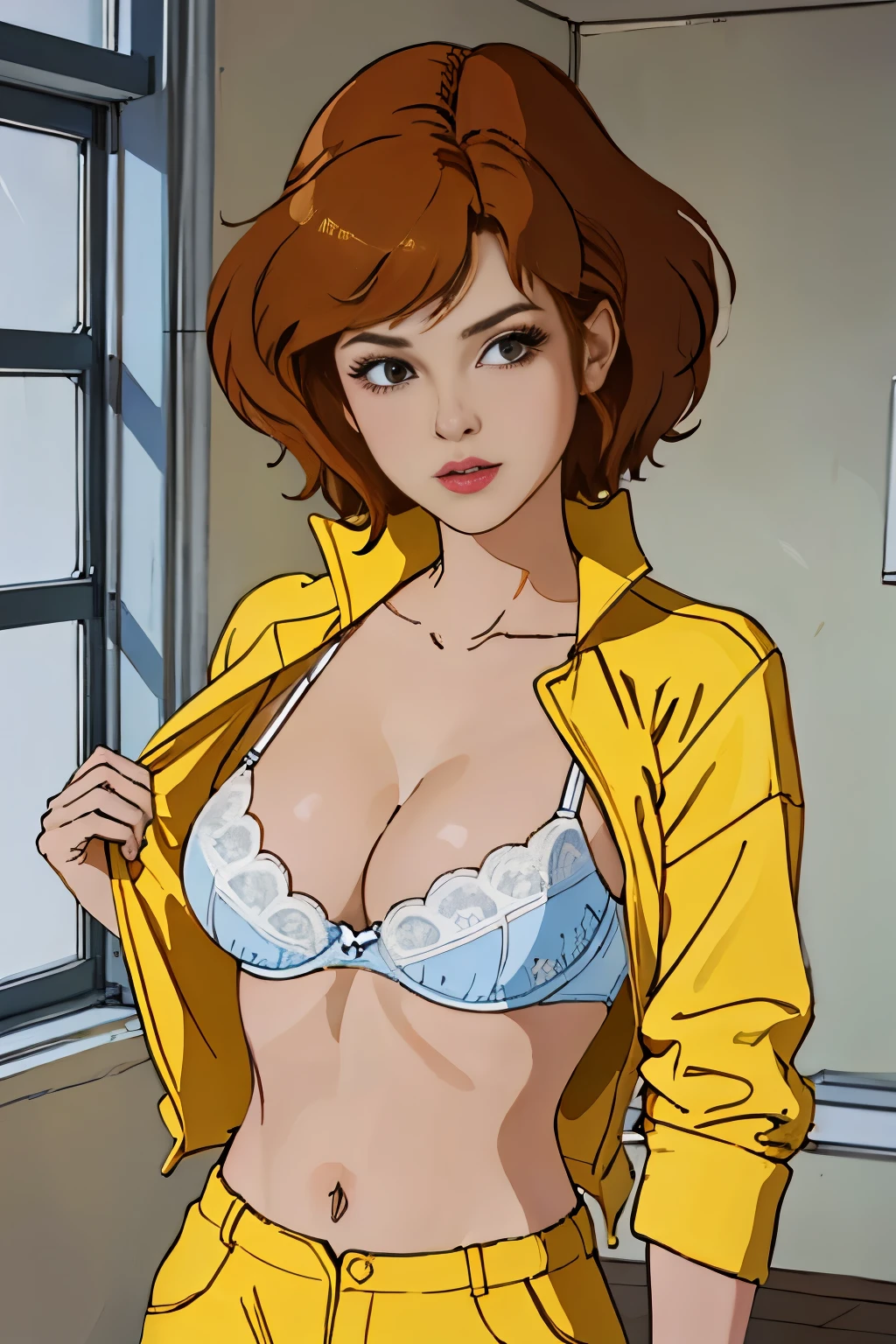 cowboy shot, april o'neil, 1980s \(style\), 1girl, brown hair, orange hair, retro artstyle, short hair, solo, yellow jumper suit, unbutton_shirt, (white bra slip:1.2), medium_breasts, cleavage, seductive eyes, ((looking at viewer)), undressing 