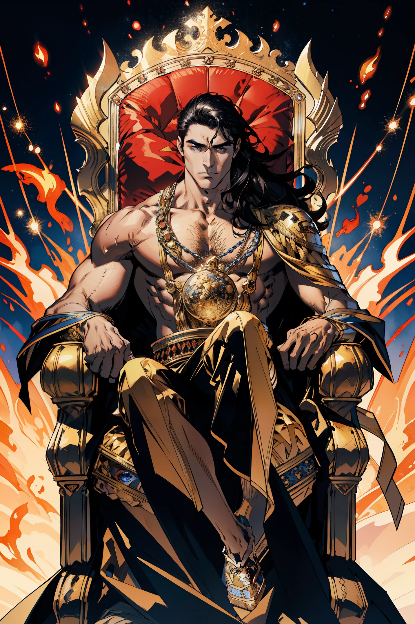 (absurdres, highres, ultra detailed), 1 male, , handsome, tall muscular guy, broad shoulders, finely detailed eyes and detailed face, long hair, fantasy, magnificent background, throne, magic effect, flame