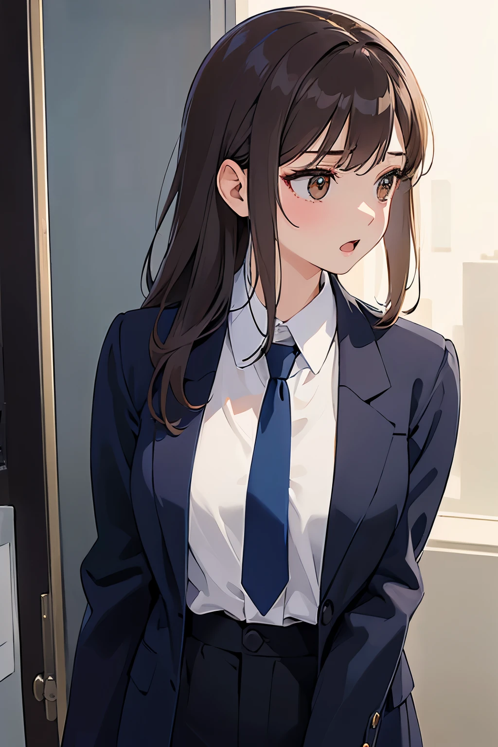 (looking away:1.5), ​masterpiece、top-quality、 forehead, A 25-year-old woman with medium long hair and brown eyes with bright chestnut bangs.、wearing a gray suit、wearing gray pants、Wearing a blue tie、Serious look、open mouth, is standing、The background is office、Bold composition、Upper body is shown、Alone、Close-up of your face
