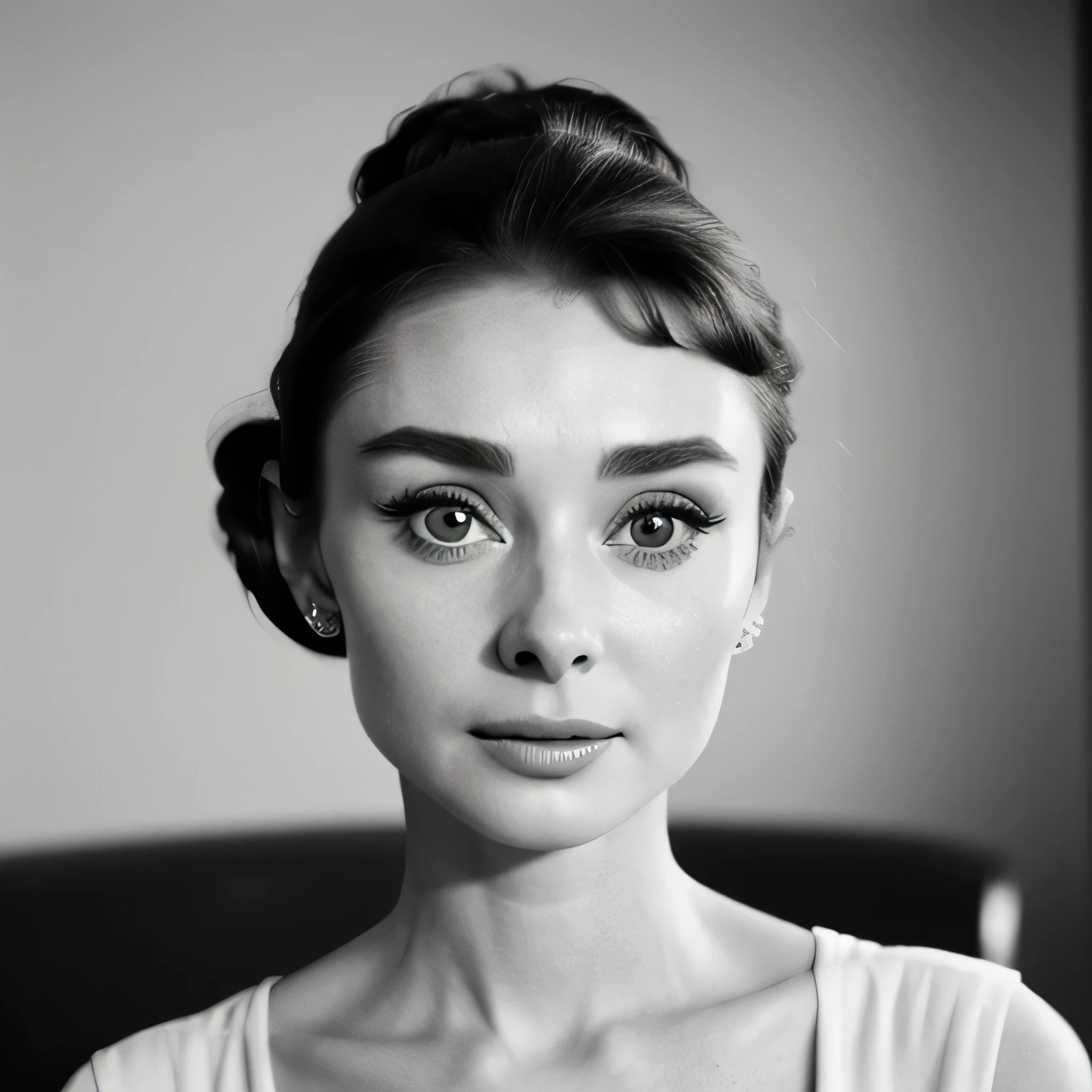 ((black and white filter)), AudreyHepburn, focus on eyes, close up on face,  short black hair styled cascading curls bun, portrait photo of a beautiful young actress: (AudreyHepburn is in the black and white Roman Holiday movie film), hotel room, Award - winning photograph, Masterpiece, 8k, ultra high res, hyper detailed, perfect flawless face, rule of thirds, Realistic Perfect eyes and pupils, Perfect full lips, upturned nose, highly detailed shining hair, ((detailed facial featureinely detailed skin), realistic skin texture, intricate details, photorealism, hyperrealism, ultra realistic, lifelike textures, neutral colors, cinematic lighting, dramatic lighting, backlight on hair, sharp focus, wide angle, film grain, dslr, raw photo,
