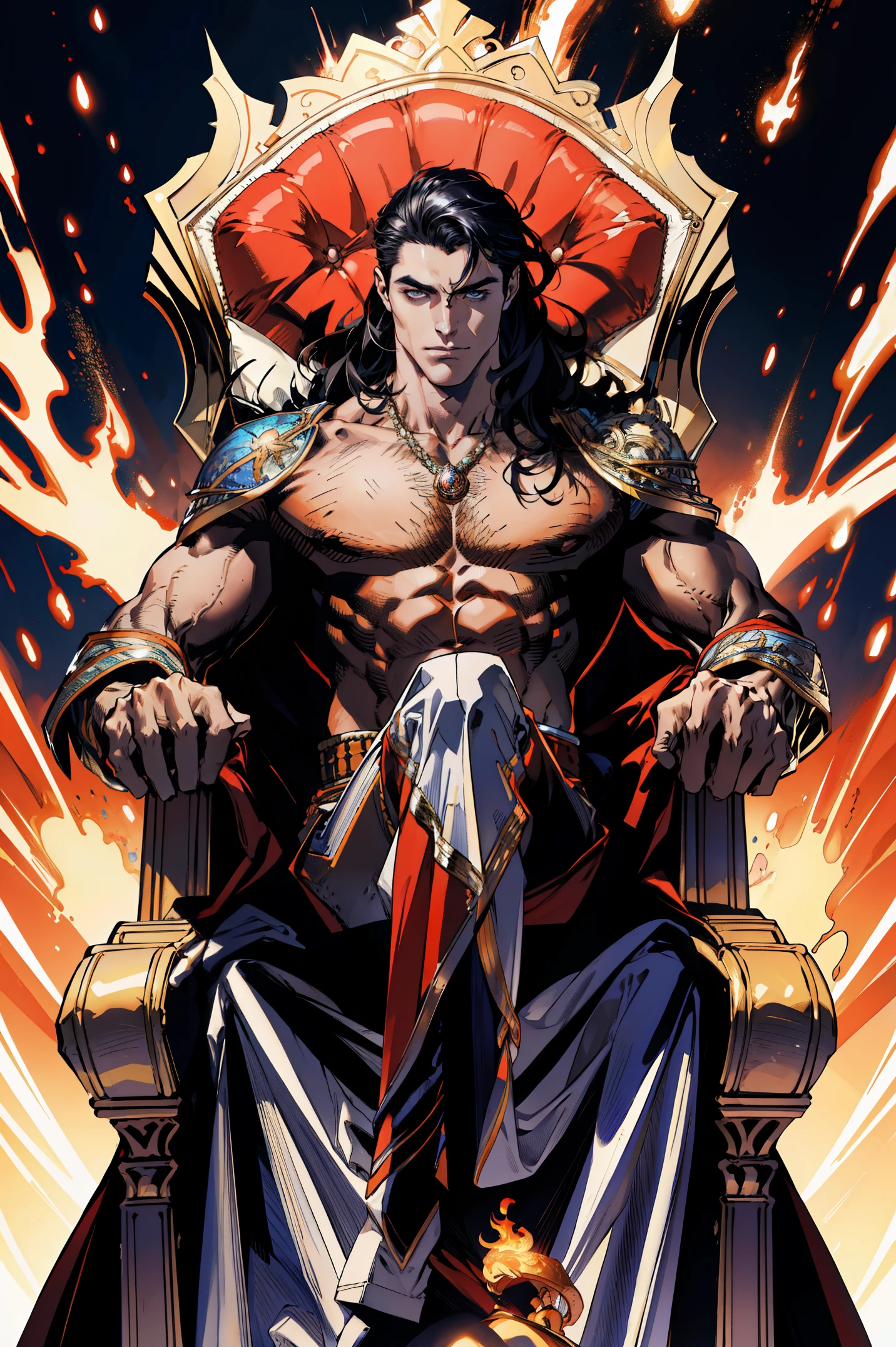(absurdres, highres, ultra detailed), 1 male, , handsome, tall muscular guy, broad shoulders, finely detailed eyes and detailed face, long hair, fantasy, magnificent background, throne, magic effect, flame