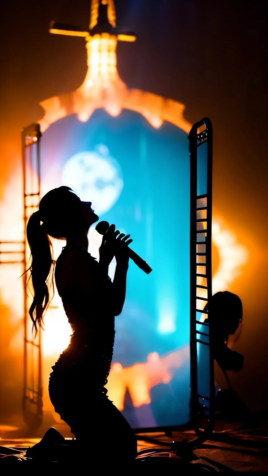 (Silhouette Art:1.3), A singer singing and dancing in a cage with her long hair flowing