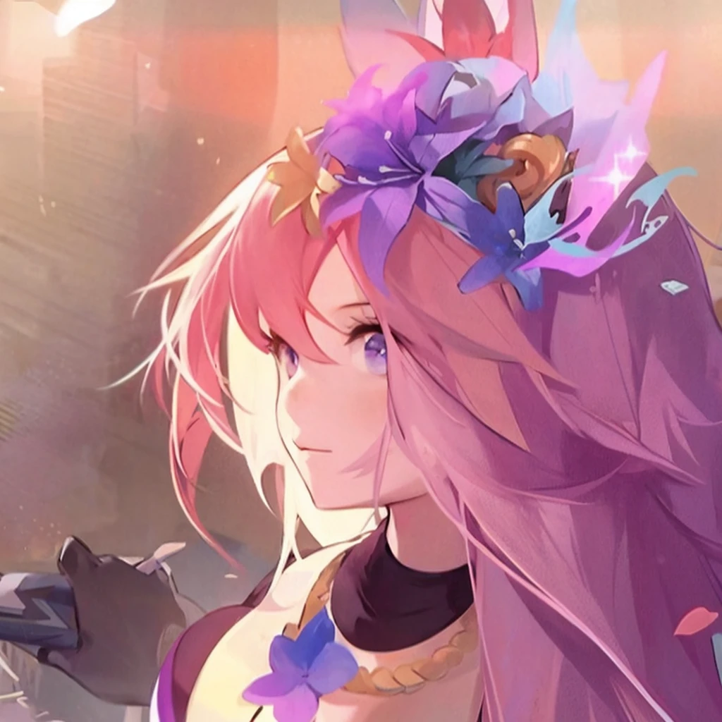 anime girl,long pink hair,purple flowers in hair, anime style 4k,