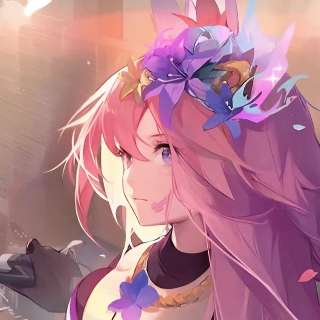 anime girl,long pink hair,purple flowers in hair, anime style 4k,