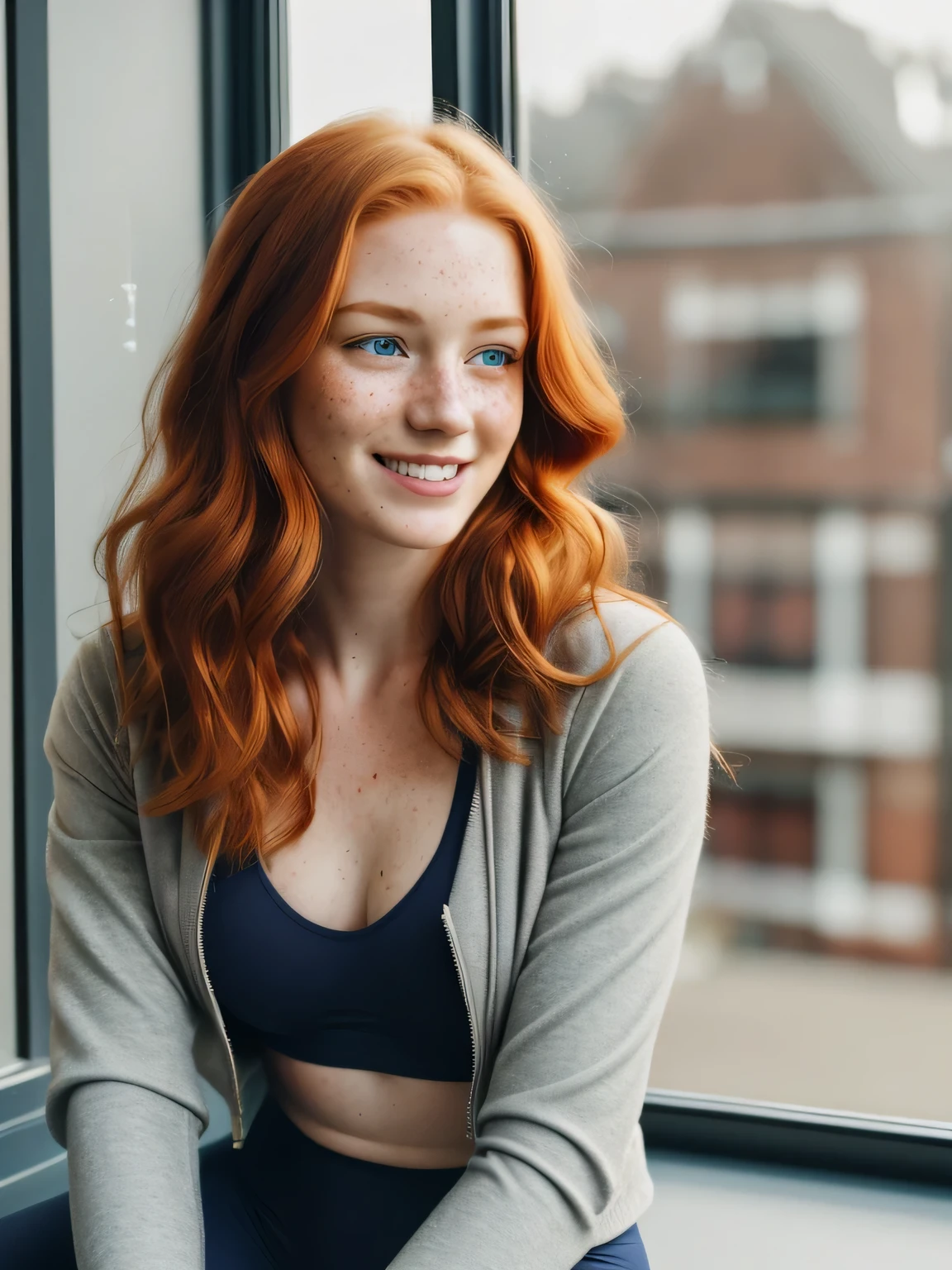 (1girl in, age23, Solo, Aesthetic artwork, irish redhead, wavy ginger hair, shoulder length ginger hair, light grey eyes, some small freckles, smiling, pale skin, A-cup, small breasts, runners body, (textured skin, skin pores:1.1), (moles:0.8), imperfect skin, goosebumps, wearing dark gray open fall jacket, wearing navy blue leggings, in a cozy coffee shop, blury background, (action shot, sitting at window: 1.25), (extremely detailed 8k wallpaper), (hard lighting), high quality, film grain, Fujifilm XT3 sharp focus, f 5.6, 50mm, High Detail, Sharp focus, (natural light), crazy details, complex details, hyperdetailed