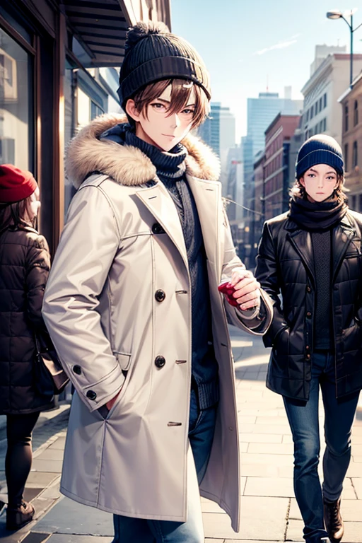 Handsome man walking in the city、Cold day、with short brown hair,Lunette de soleil、knit hat、Down coat、white denim、long-sleeve、hight resolution、In 8K、sharp focus、zoomed