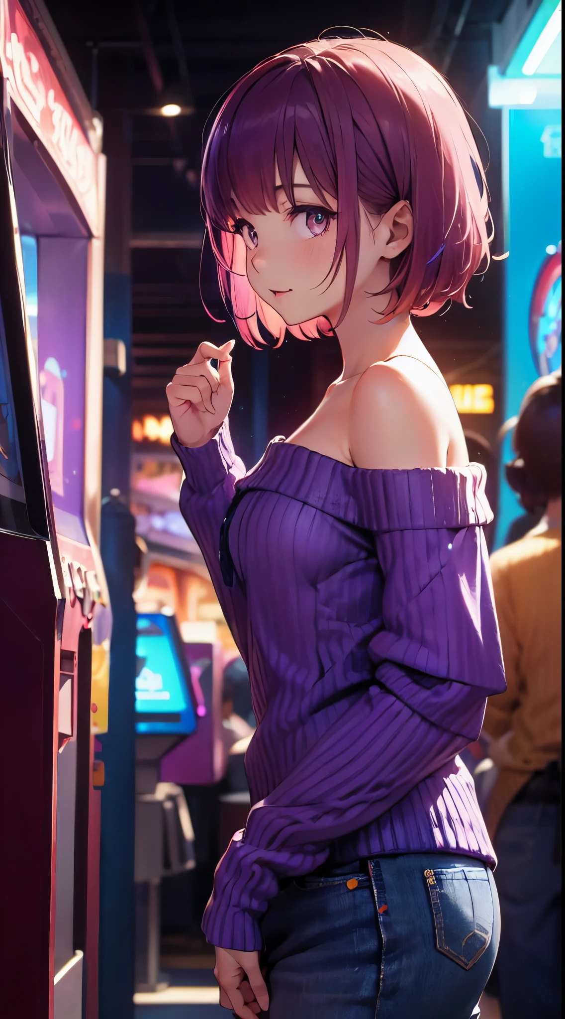 (small breasts) ,(smallunderboob) , skinny , ((masutepiece)) , 1girl in , solo , ((19 years old)) ,( (Rose-colored hair:1.5)) , short hair , (shoulder-length hair:1.5) , (orange eyes) , joyful eyes , joyful feelings , cute smile , Wear (((Violet blue long sleeve preppy style sweater:1.5))) with ((off shoulder no shoulder:1.5)) , Wearing (long pair (Azure) baggy jeans) , ((Dress conservatively)) , side view , (Arcade Machines amusement park background , (blur backgroun) , Arcade Machines) , arcade game center background , large crowd , She (play Arcade Machines) , excited behavior , (Look at the viewer)