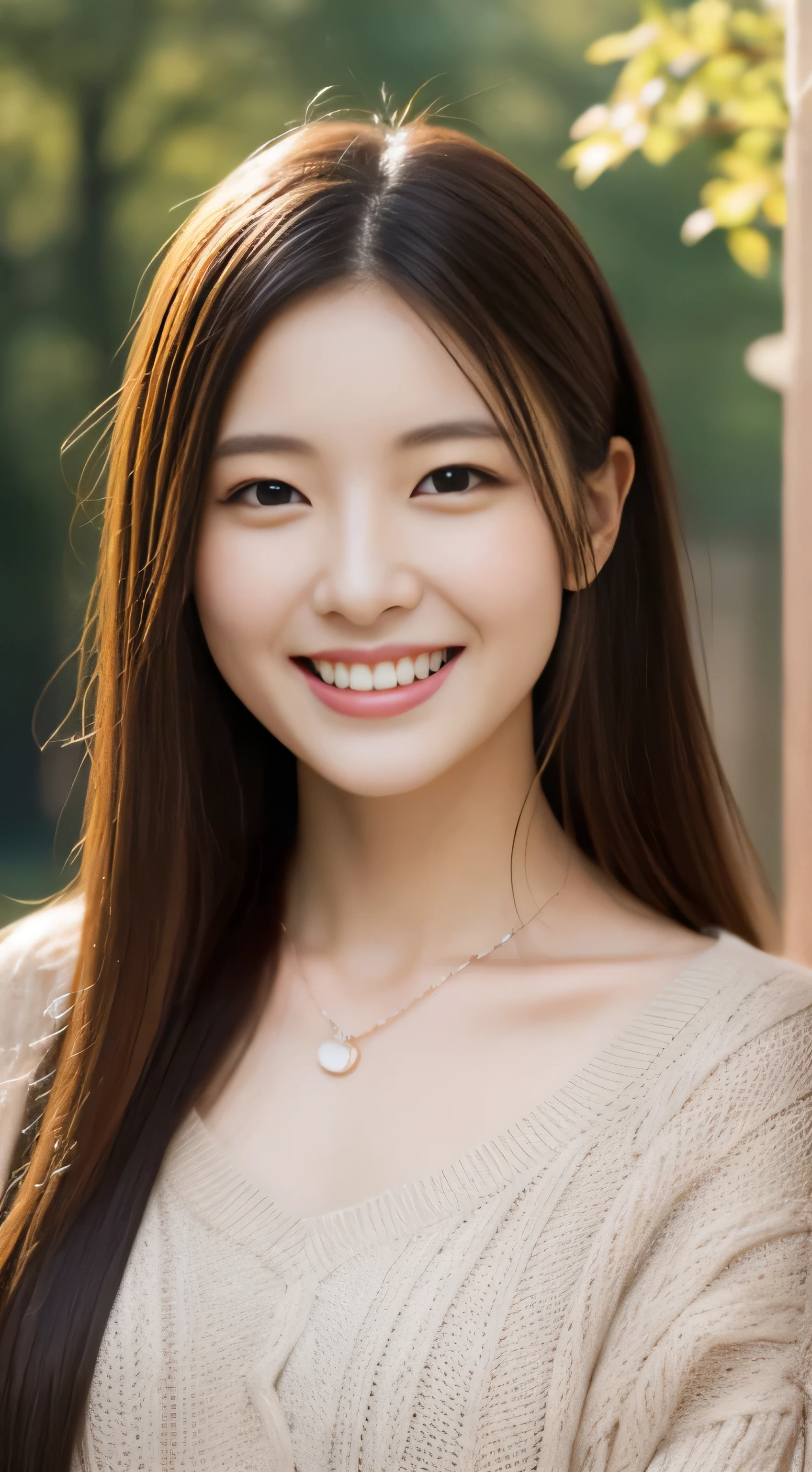 The face of the hostess、Winter Outfit、hightquality、A hyper-realistic、healthy、Smiling expression、Slender perfect figure、Japan beauties、 necklace、perfect eyes beautiful skin、Upper body、garden