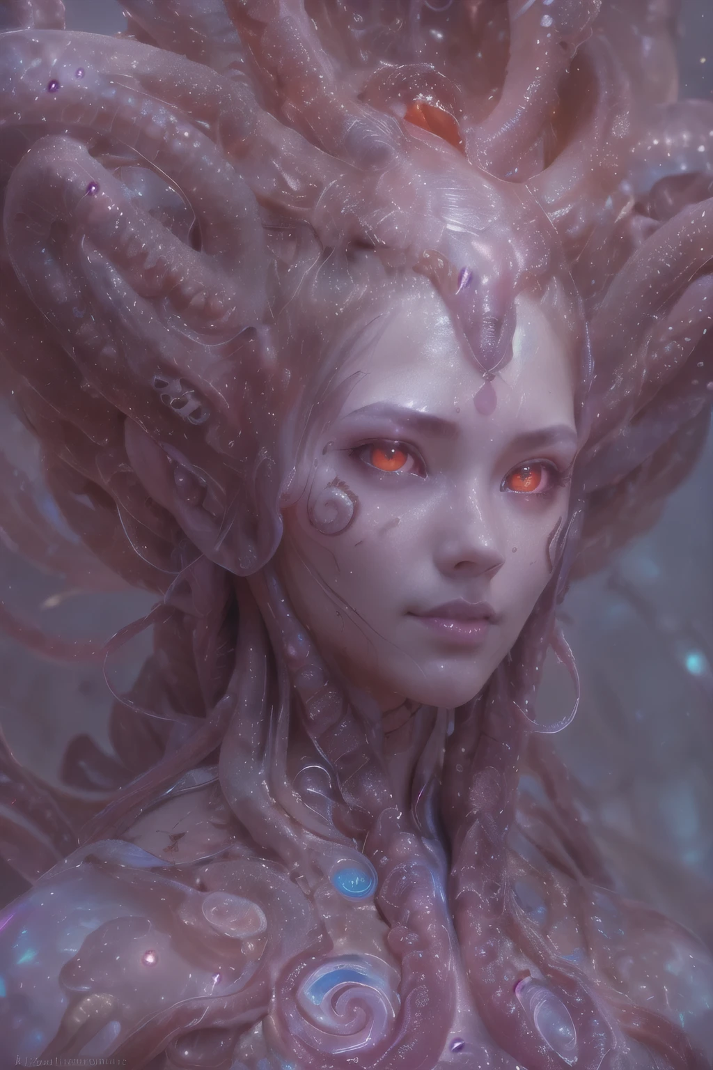 Portrait, (beautiful female alien:1.2), (she has red eyes with no pupils:1.8), (Translucent skin:1.7), (There is a female genital-like organ in the middle of the forehead.:1.9), (The most beautiful face in the history of the universe:1.2),an evil gaze that seduces, (large mouth:1.1), (sharp teeth like a vampire:1.2), Full body like, (bio luminescent:1.5), (Smile wickedly:1.3), (sexypose:1.5), alien, No humans, cells are fused, (Lots of translucent tentacles:1.3) extraterrestrial, cell, bio image, Best Quality, 8K,4K_quality, High Definition, Dramatic Lighting, masutepiece:1.5,cinematic quality, detail up, (Intricate details:1.2), High resolution, High Definition, drawing faithfully, (Thick eyebrows:1.2), Beautiful eyes with fine symmetry,(Highly detailed face and eyes:1.2), Intimate face, (Super detailed skin quality feeling:1.4), Perfect Anatomy, (Beautiful toned body:1.5), (Moist skin:1.2), No makeup, (dark circles:1.1), long canines, cinematic drawing of characters, ultra high quality model, cinematic quality, detail up, (Intricate details:1.2), High resolution, High Definition, drawing faithfully, Official art, Unity 8K wall , 8K Portrait, Best Quality, Very High resolution, ultra detailed artistic photography, midnight aura, unreal enginee 5, Ultra Sharp Focus, art by alberto seveso, ArtGerm, Roisch, intricate artwork, best quality, masutepiece, ultra High resolution, (photos realistic:1.4), Ultra-realistic realism, dream-like, nautilus, Creation of fantasy, Snail, Dream Snail, (biopunk nautilus:1.3), Thrilling color schemes, Ultra-realistic realism, seductively smiling, Blue tentacles,