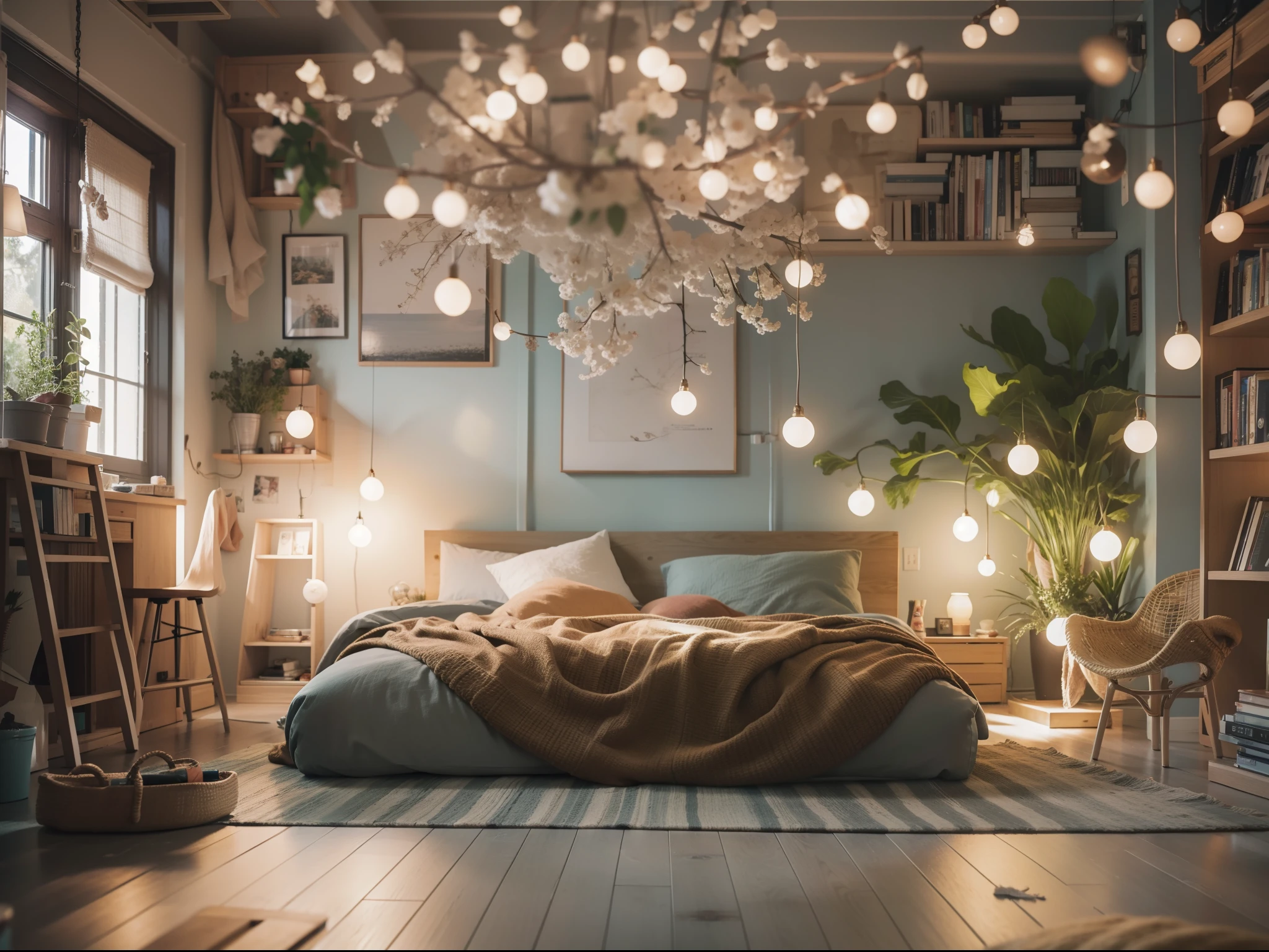High-detail RAW color photography, Loft-style bedroom interior, (higly detailed, hyper-detailing, Entanglement), (lens glare: 0,7), (bloom: 0,7), 粒子特效, ray traced, 电影灯光, Shallow depth of field, photographed with Sony a9 II, 50mm wide angle lens, sharp-focus