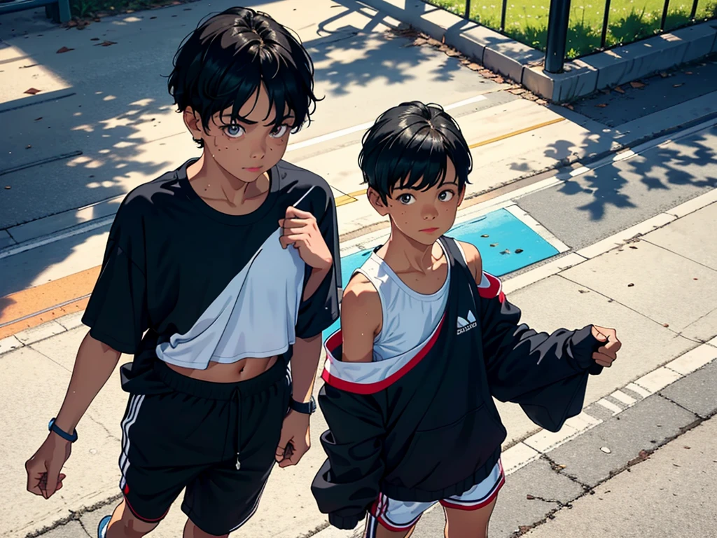 Best quality at best, masterpiece, Top-down view, 1boy, 10years old, child, with short black hair, medium breasts, looking at viewer, smile, track suit, jogging, Off-the-shoulder attire, perspire, scowling, sweat, shorts, Sports bra, Bust photo, sportrait, School playground