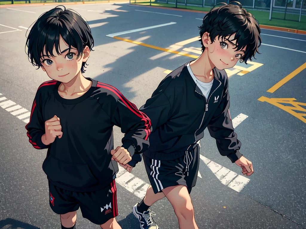 Best quality at best, masterpiece, Top-down view, 1boy, 10years old, child, with short black hair, medium breasts, looking at viewer, smile, track suit, jogging, Off-the-shoulder attire, perspire, scowling, sweat, shorts, Sports bra, Bust photo, sportrait, School playground