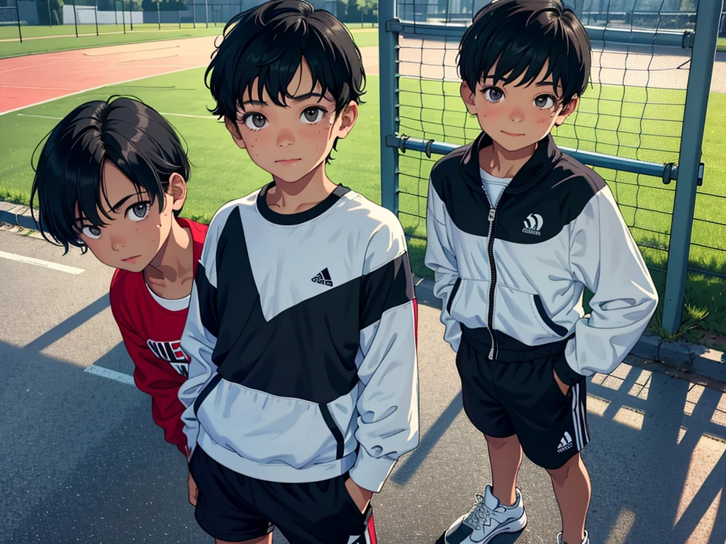 Best quality at best, masterpiece, Top-down view, 1boy, 10years old, child, with short black hair, medium breasts, looking at viewer, smile, track suit, jogging, Off-the-shoulder attire, perspire, scowling, sweat, shorts, Sports bra, Bust photo, sportrait, School playground