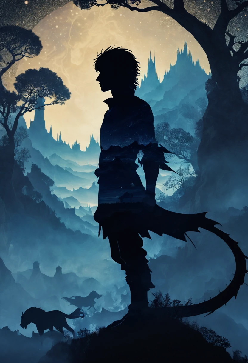 Eragon, Silhouette Art, multiple exposure, dreamy, enhance, intricate, (best quality, masterpiece, Representative work, official art, Professional, unity 8k wallpaper:1.3)