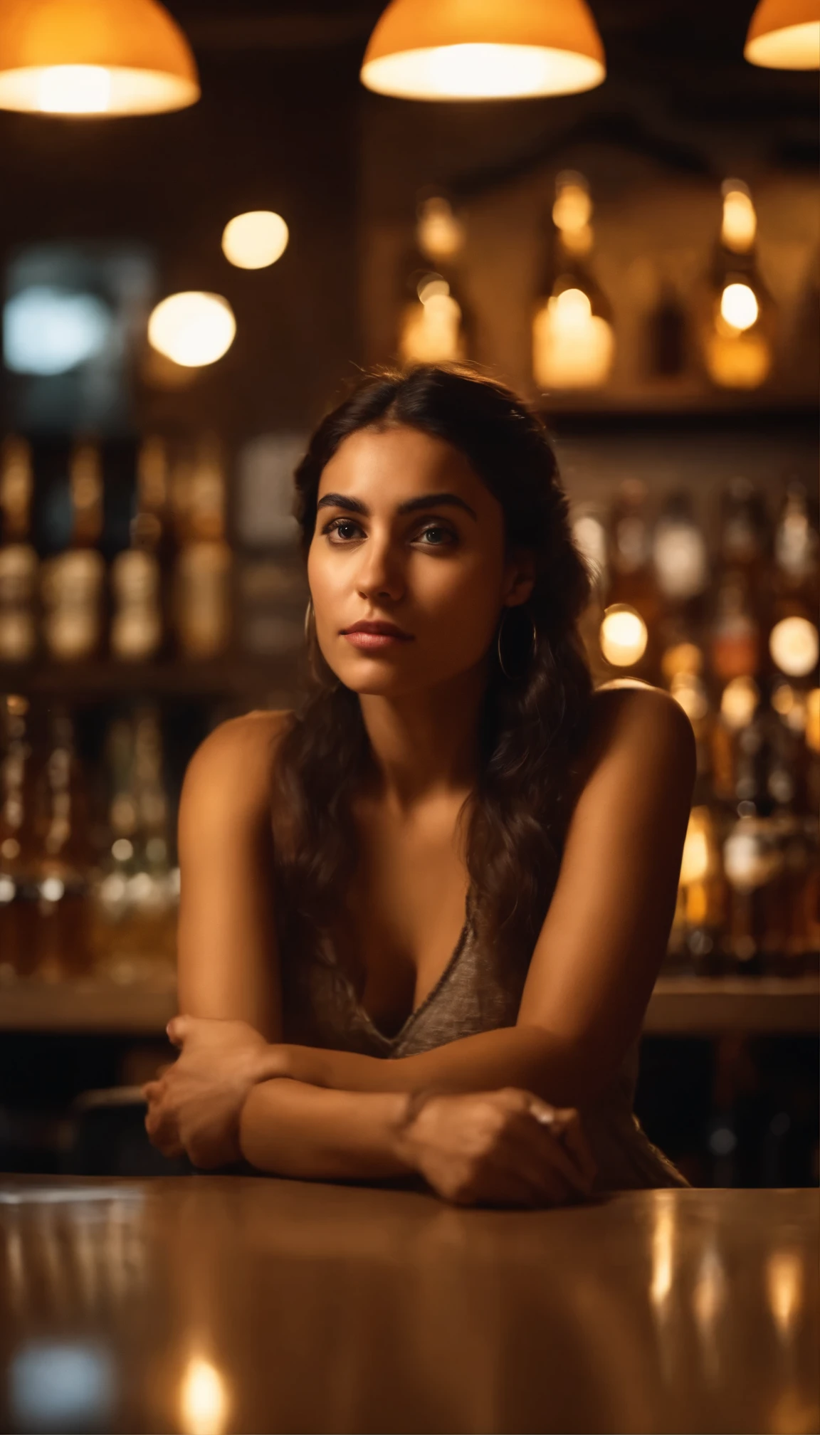 Latin girl sitting lonely,in the beer shop,A fun evening, Cinematic lighting