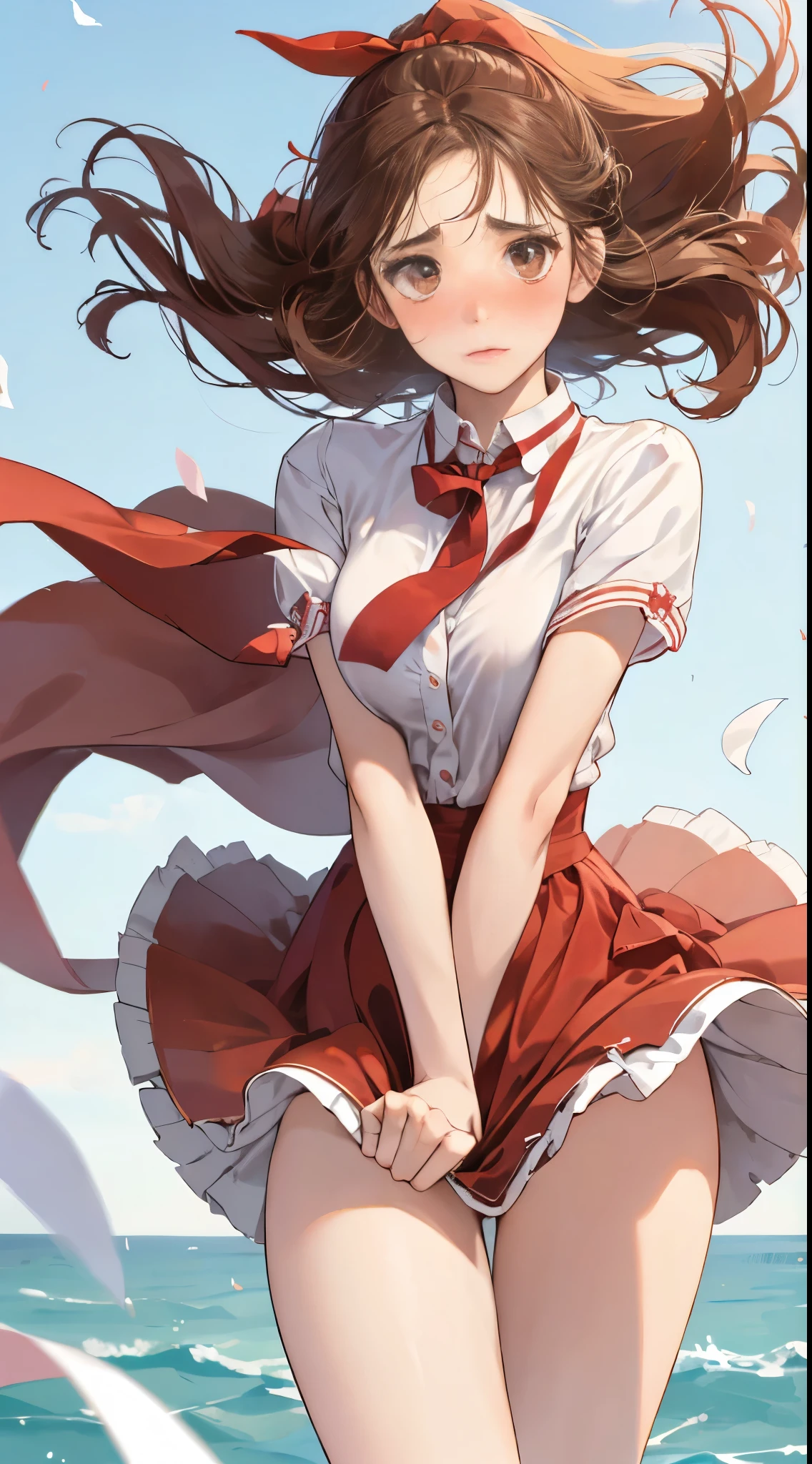 1 female,Brown hair,Red ribbons ,((Impatient expression)),beautiful breasts,white shirt,Red dress,well-styled,,(Facing the front)(((Blushing cheeks、embarassed expression)),(((The skirt is rolled up by the wind)))